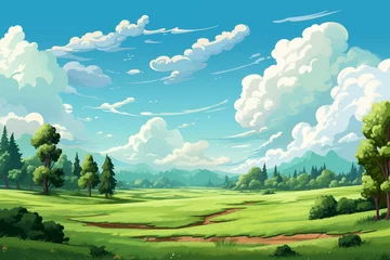 Gardinen Cartoon landscape with skyline clouds and fields. Minimal nature panorama, meadow with green grass scenery view flat design. Modern colorful illustration © Yelyzaveta