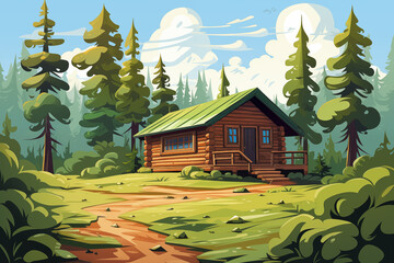 Cartoon wood cabin in forest. Colorful wooden house surrounded by trees and bushes, small cottage hotel resort flat design. Modern illustration