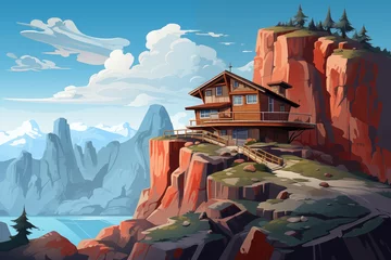 Deurstickers Cartoon cabin on the cliff. House cottage on the rock, hotel resort, minimal nature landscape with mountains on background. Flat illustration © Yelyzaveta