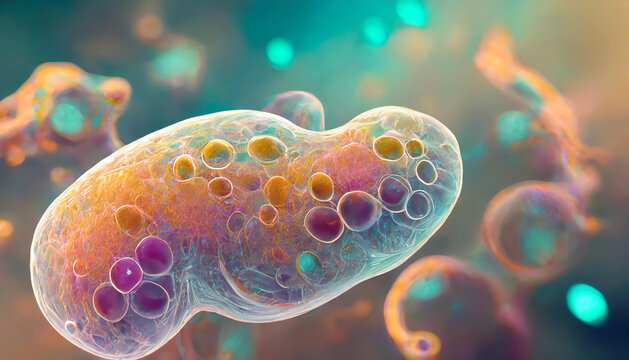 Close-up of abstract microscopic amoebas. 3D rendering. Scientific background. For medical banner or poster.