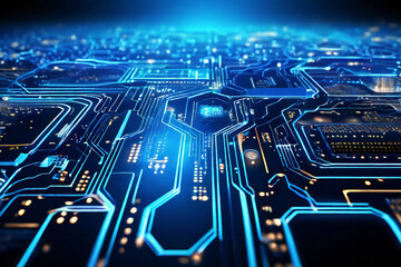 Futuristic blue circuit board background. quantum computer technology concept.