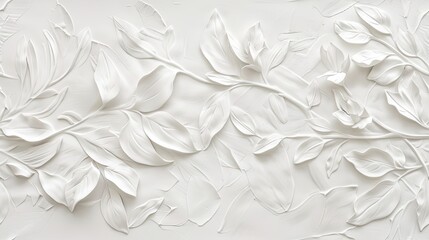 Obraz premium a white, simple modern design with subtle, minimalist botanical relief in a textured art piece made of plaster, forming a seamless pattern. SEAMLESS PATTERN