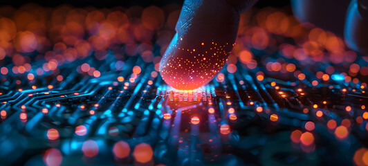Close-up of human finger touching electronic circuit board with red light. Finger touching fingerprint on computer screen. Fingerprint scan concept. - obrazy, fototapety, plakaty