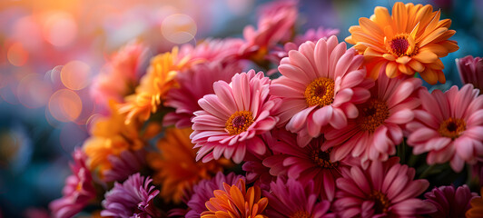 Bouquet of pink and orange flowers with bokeh background. Happy Mother's Day, Women's Day or Birthday Banner. Day for equal rights.