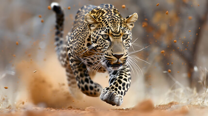 Leopard running on the ground, Kruger National Park, South Africa. Close-up of a Leopard run for hunting prey rabbits at Africa national parks.