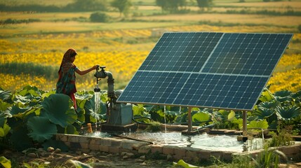 Indian Woman Using Solar-Powered Water Pump to Irrigate Lush Green Field Full of Yellow Flowers