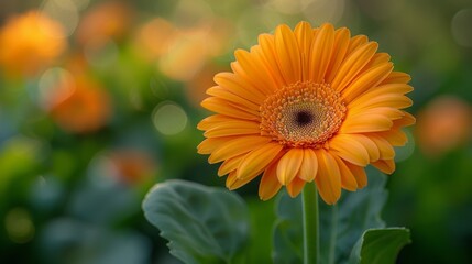  a close up of a yellow flower with green leaves in the foreground and a blurry background of orange flowers in the background.