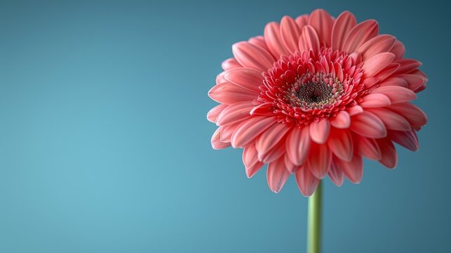  a close up of a pink flower on a blue background with a blurry image of the center of the flower.
