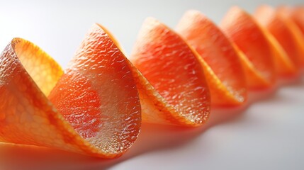  a group of sliced oranges sitting on top of a white table next to each other on top of a white surface.