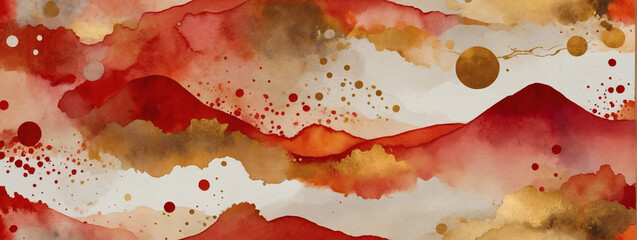 An abstract watercolor background combining vibrant red and gold hues in a Japanese style,...