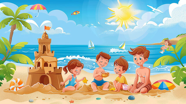 
adesivo de uma família feliz construindo um castelo de areia em uma praia ensolarada, o oceano ao fundo, céu azul claro acima