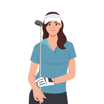Young Beautiful female golfer with golf club wearing hat. Flat Vector Illustration Isolated on White Background