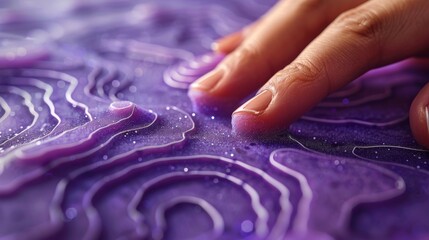  a close up of a person's hand on top of a purple and white surface with water droplets on it. - obrazy, fototapety, plakaty