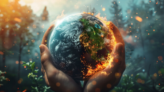 Planet Earth burning, the end of the world, global warming, climate change concept, wallpaper, banner, background