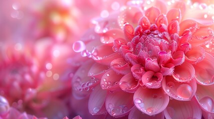  a close up of a pink flower with drops of water on the petals and the petals are pink and white.