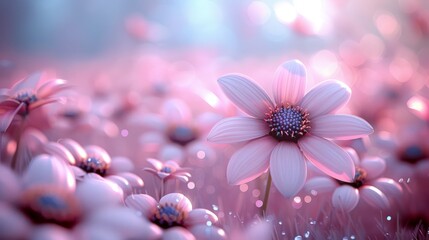  a close up of a pink flower in a field of flowers with drops of water on the petals and a blurry background.