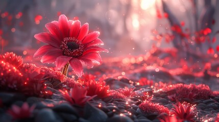  a red flower sitting on top of a pile of rocks next to a forest filled with lots of red flowers.