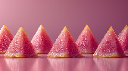  a close up of a group of watermelon slices with drops of water on them on a pink background.