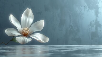  a large white flower sitting on top of a wooden table next to a blue and gray wall with a green leaf sticking out of it.