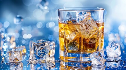 Whiskey glass and ice cubes on plain background, perfect for adding text or captions