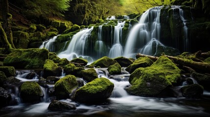 Fototapeta premium Beautiful pristine waterfall with mossy rocks and sunlight