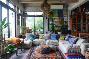 A living room with a white couch and colorful pillows - obrazy, fototapety, plakaty