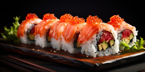 Delicious Japanese Salmon Sushi Roll with Fresh Seafood and Avocado on White Plate, Traditional Gourmet Meal in a Japanese Restaurant