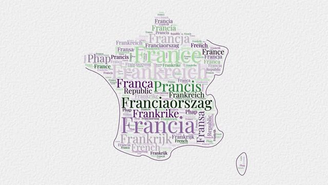France logo animation. France boundary word cloud animation. Video of country names in multiple languages popping out on paper style background. Country opening, intro, presentation video.