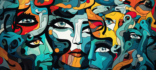 Obraz premium Abstract background with faces collage black and white and colours elements, psychology, stress wallpaper illustration