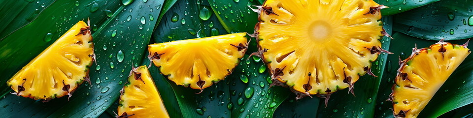 Fresh yellow ananas slices with water drops and green palm leaves. Close up view, panorama banner