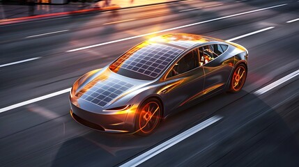 Fototapeta premium Solar Panels Integrated Electric Car in High-Speed Driving Scene with Sunlight Highlighting its Design