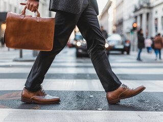 Close up of legs Businessman crossing the street on crosswalk and holding a laptop bag in the city. 