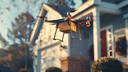 Drone gracefully descending towards a house delivering a package with precision and efficiency
