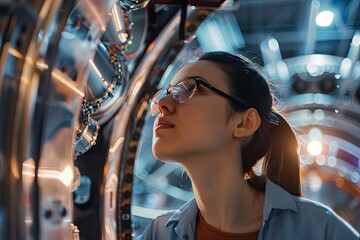 Scientist woman wearing glasses is looking at a machine