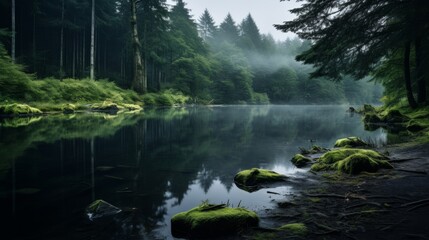 Peaceful lake and forest in mystical environment