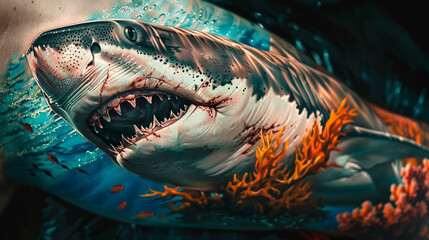 tatuagem realista de tubarão - obrazy, fototapety, plakaty