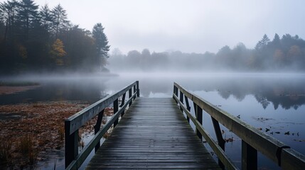 Misty lake with wooden pier in nature - obrazy, fototapety, plakaty