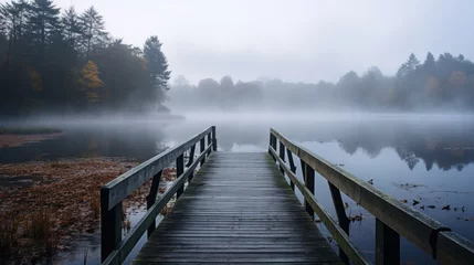 Foto op Canvas Misty lake with wooden pier in nature © stocksbyrs