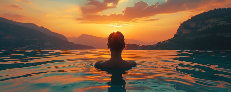 Back view of unrecognizable female silhouette standing in rippling sea water and enjoying sunset over mountains