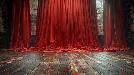 stage with red curtains, thick deep red curtains pleated and closed background with wooden floor, high resolution,