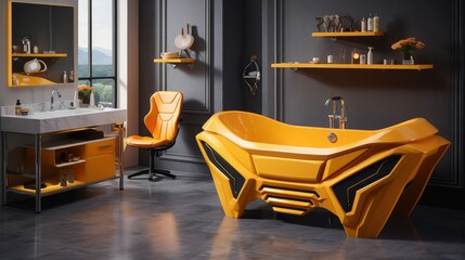 Yellow Bathtub and Chairs in Bathroom