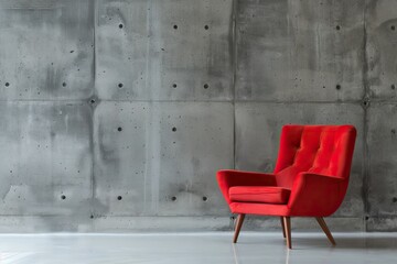 A red chair sits in front of a wall with a grey color