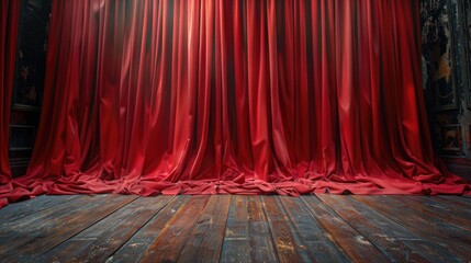 red velvet curtain, thick deep red curtains pleated and closed background with wooden floor, high resolution, - obrazy, fototapety, plakaty