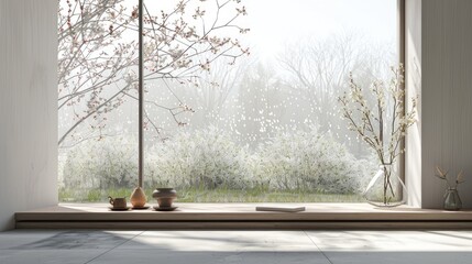 spring on the window sill, featuring a modern window with a view of a vibrant spring field in the yard, ensuring realistic photography in light colors.