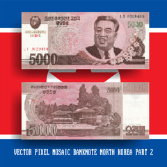 Vector pixel mosaic banknote of North Korea. Note in denominations of 5000 won 2013. Obverse and reverse. Play money or flyers. Part 2