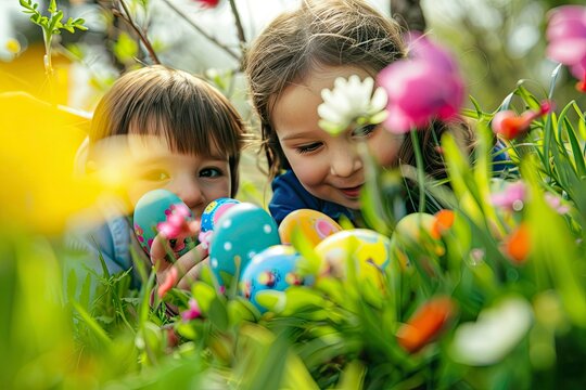 Two young girls are playing in a field of flowers and holding Easter eggs