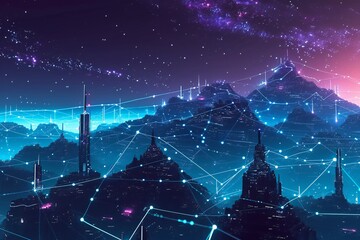 Network over Futuristic Cityscape with Starry Sky
