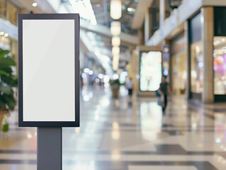 Contemporarz digital signboard mockup in a shopping gallerz, featuring a blank black and white screen with a blurred background for advertisement 
