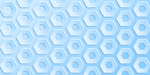 Neomorphic light blue background with concave hexagons with blue neon backlight for cover design, banners, presentations, US design