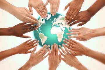 A group of people holding hands around a globe - obrazy, fototapety, plakaty